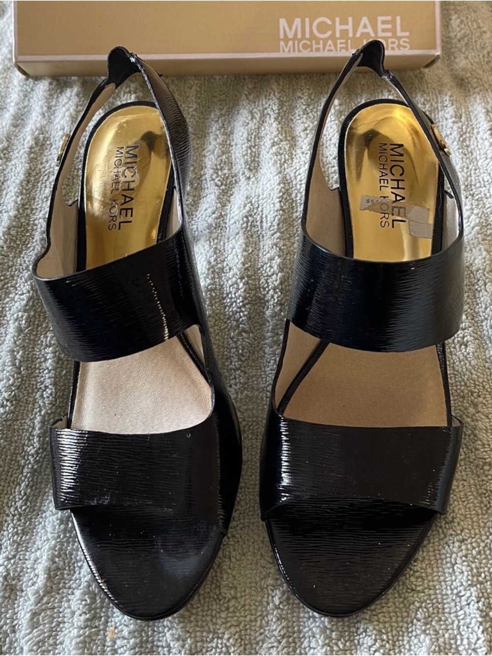 MICHAEL Michael Kors Black Patent Wide-Strap Slingback Heels